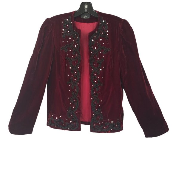Jeri New York Jackets & Blazers - Jeri New York Velvet Jacket Blazer Womens 8 Burgundy Rhinestones Long Sleeve